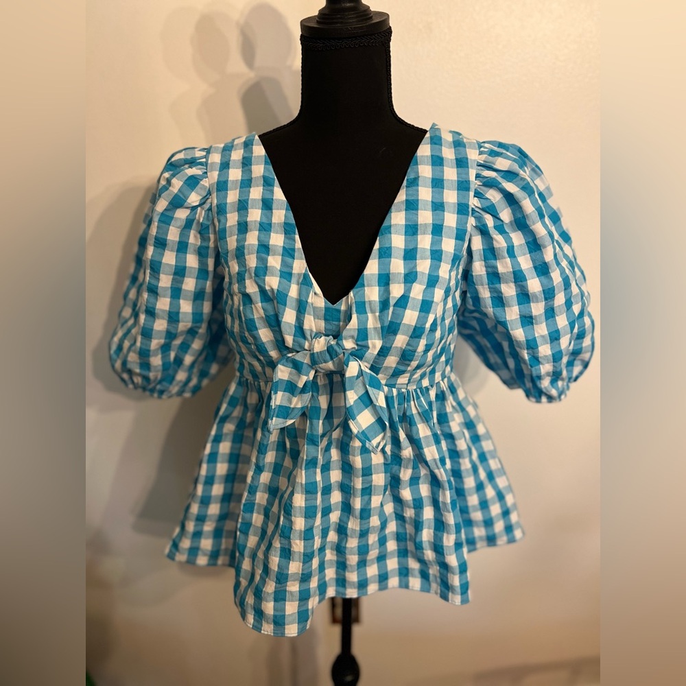 Lilly Pulitzer Babydoll Blouse Sarafina Gingham Tie Front Short Puff Sleeves sz4
